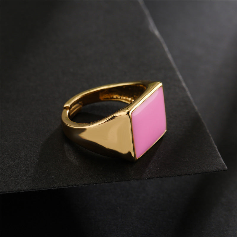 Geometric Square Gold Plated Drip Oil Brass Open Ring for Women