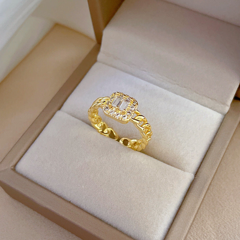 Minimalist Square Ring for Women in Brass with Gold Plating, Lightweight Micro-Pave Design