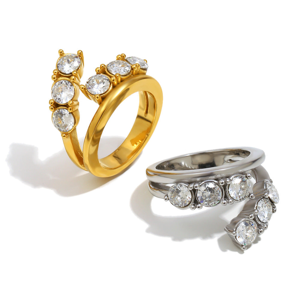 Minimalist Luxe Geometric Stainless Steel Ring with 18K Gold Vacuum Plating and Double-Layer Zirconia Accents