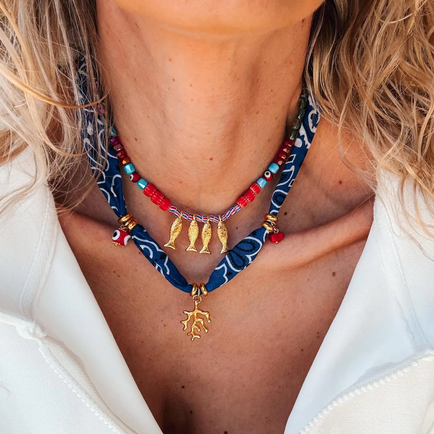 Dopamine Colorful Coral Fish Beaded Necklace for Women, Geometric Style Copper Pendant with Stainless Steel Charm, Electroplated Finish, Elegant Sweater Chain