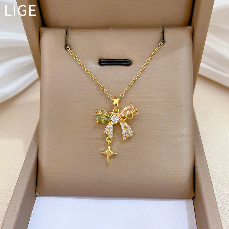 Sweet Butterfly Star Geometric Rhinestone Pendant Titanium Steel Necklace with Tassel Cable Chain for Unisex