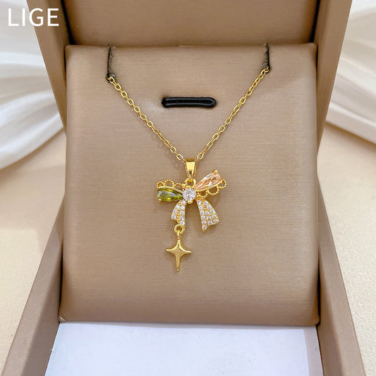 Sweet Butterfly Star Geometric Rhinestone Pendant Titanium Steel Necklace with Tassel Cable Chain for Unisex