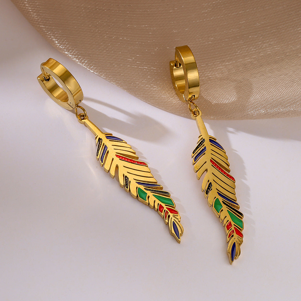 Bohemian Style Leaf-Shaped Titanium Steel Earrings for Women with Enamel Blue Eye Detail and Micro-Pave Setting