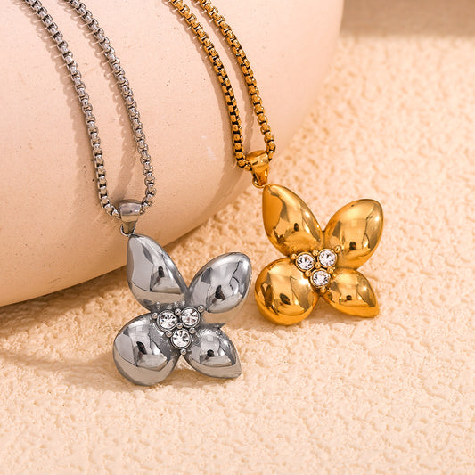 Fashionable Floral Petal Pendant Necklace for Women Stainless Steel with 18K Gold Plating and Square Pearl Chain