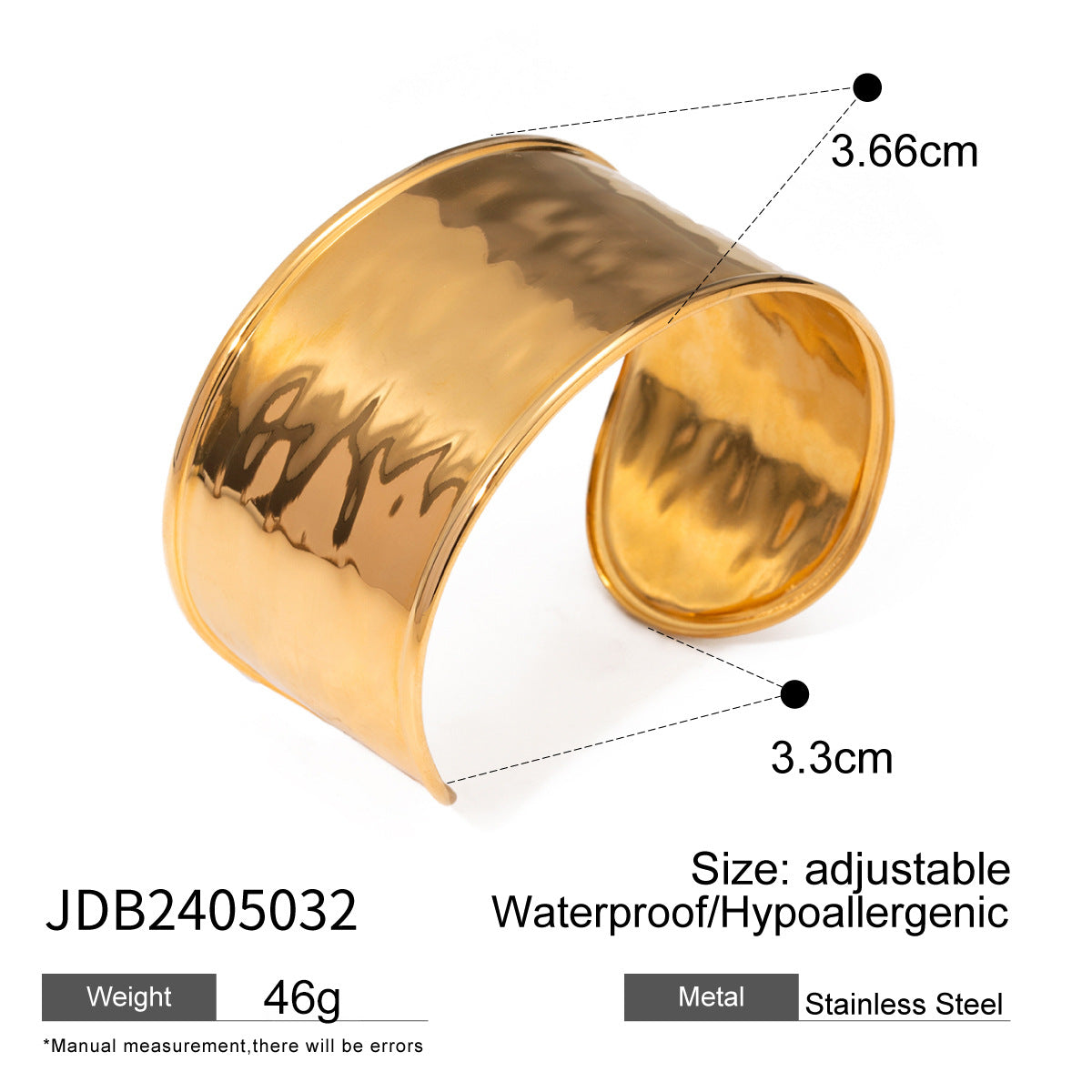 18K Gold Plated Hammered Geometric Irregular Wave Open Cuff Stainless Steel Bracelet