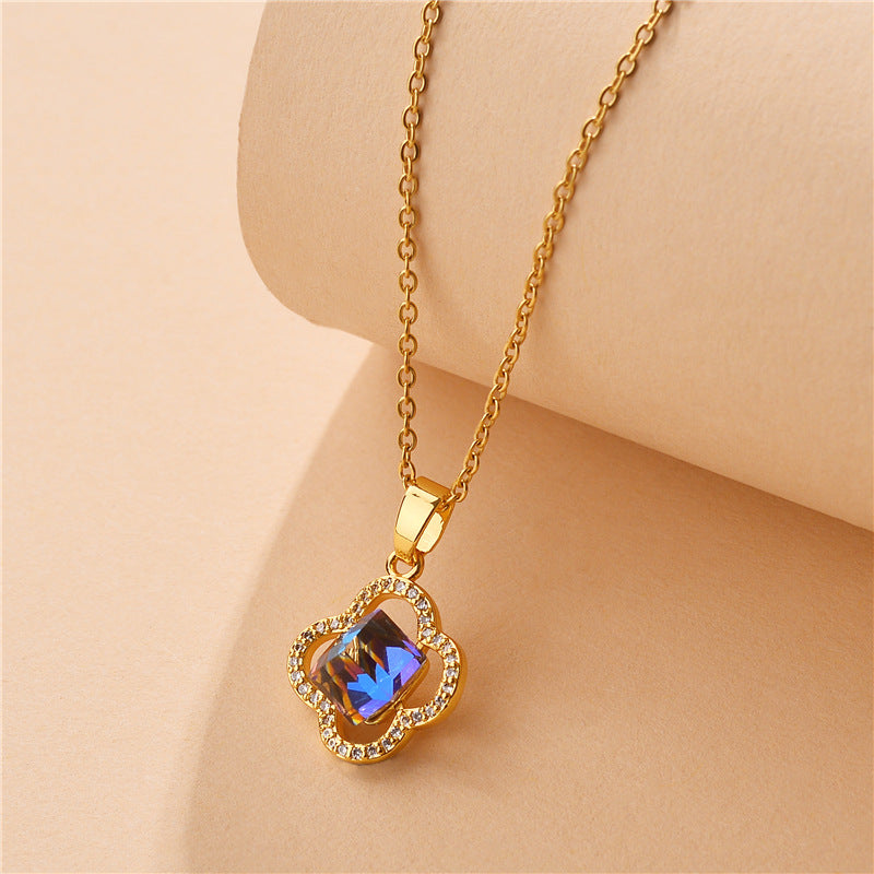 Minimalist 18K Gold Plated Titanium Steel Four-Leaf Clover Blue Crystal Pendant Necklace Water Wave Chain