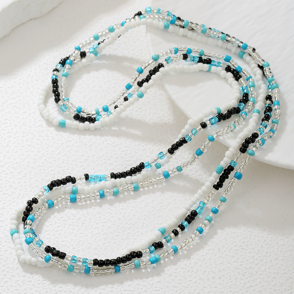 Bohemian Ethnic Geometric Seed Beads Waist Chain with White Crystal Inlay Double Layer Elastic
