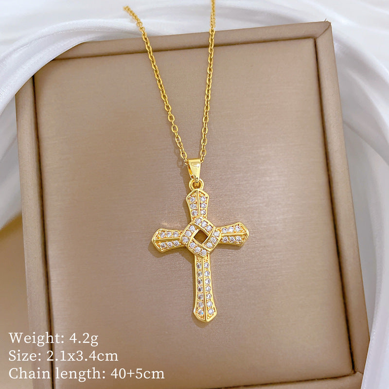 Sweet Rotating Cross Rhinestone Titanium Steel Necklace Unisex Cable Chain