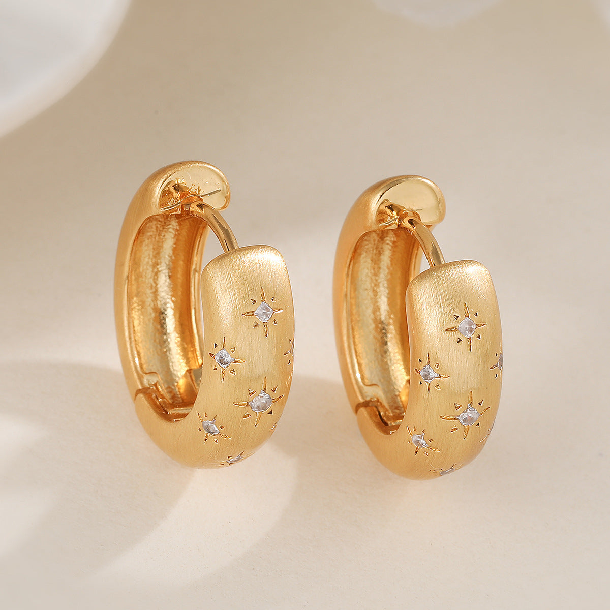 Vintage 18K Gold Plated Brass Brushed Star Hoop Earrings with Cubic Zirconia for Women