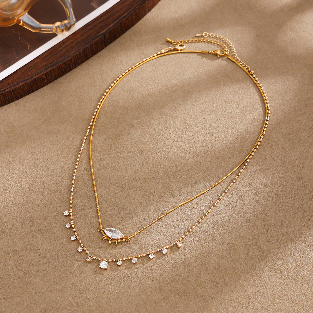 Minimalist Luxury 18K Gold Plated Stainless Steel Square Marquise Rhinestone Pendant Necklace for Women