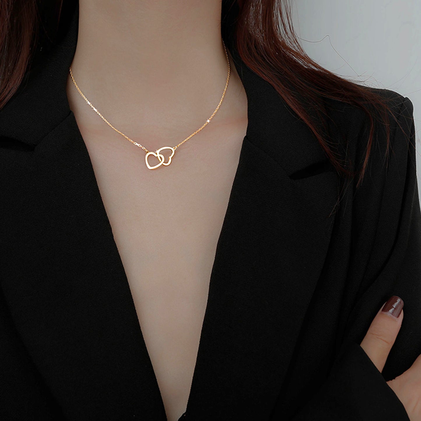 Minimalist 18K Gold Plated Titanium Steel Double Heart Pendant Necklace for Women and Men