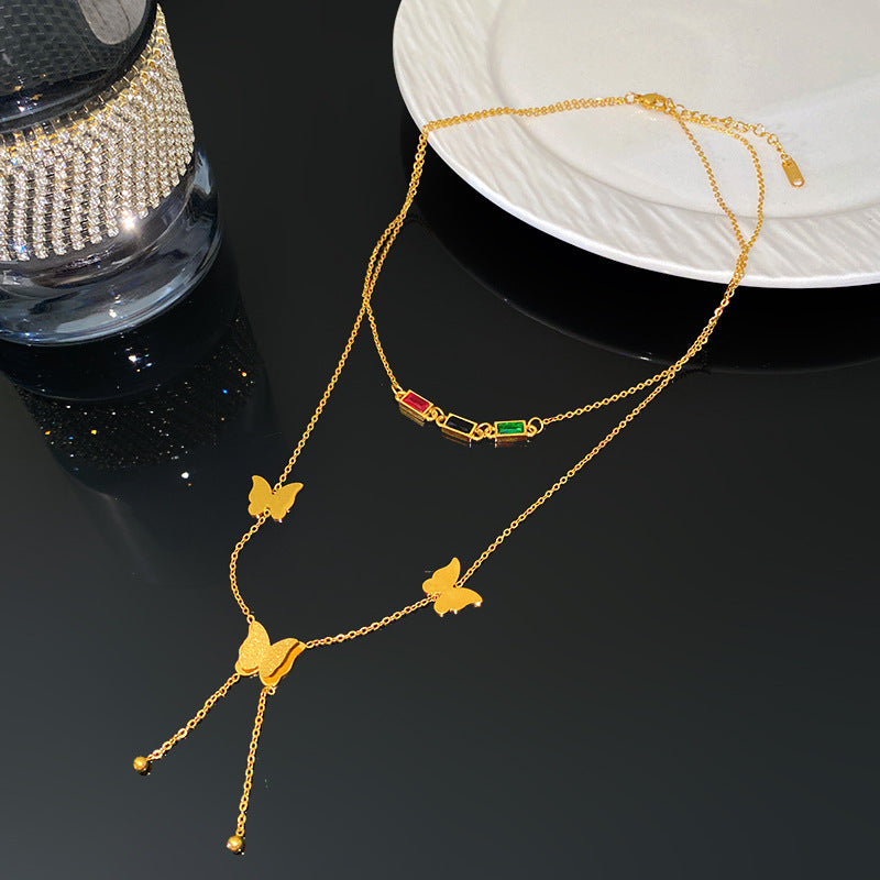 Elegant Titanium Steel Double-Layer Butterfly Rhinestone Tassel Necklace