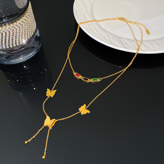 Elegant Titanium Steel Double-Layer Butterfly Rhinestone Tassel Necklace