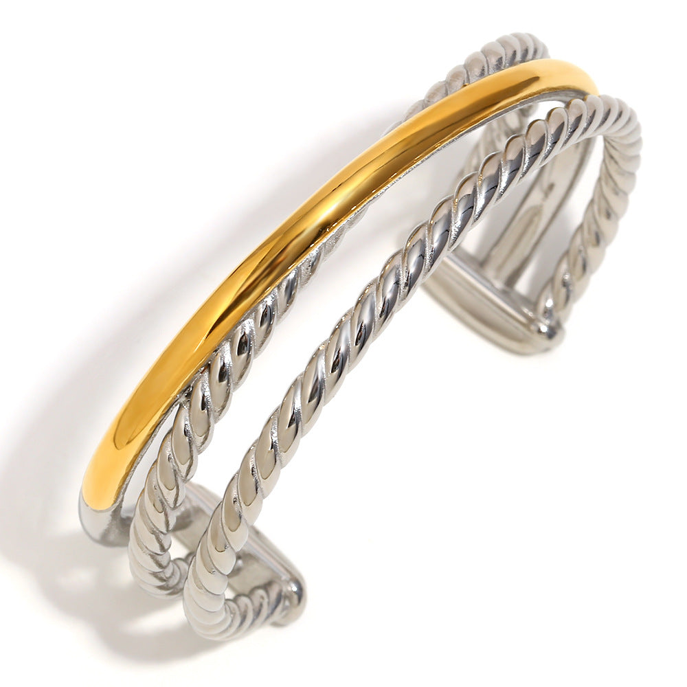 Fashionable Minimalist Donut-Shaped Stainless Steel Electroplated Bracelet for Women with Geometric Design and Cross-Layered Structure