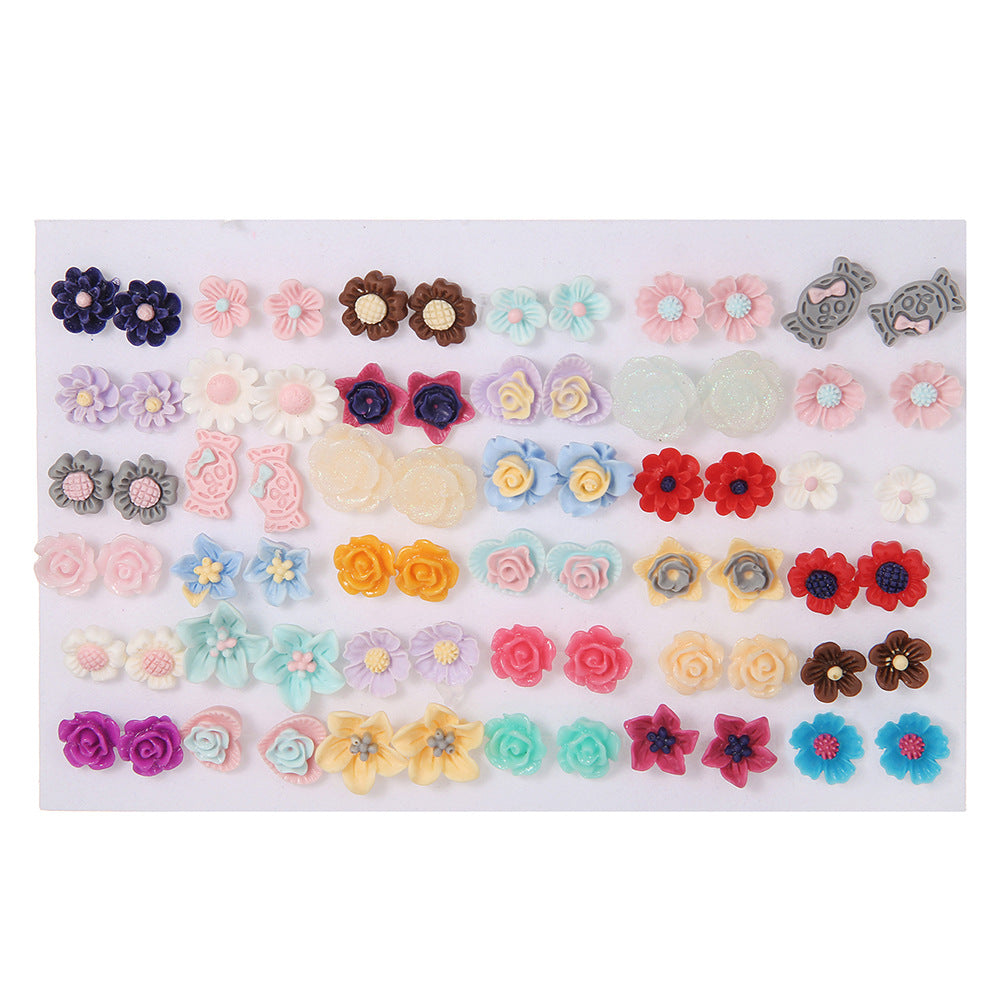 Geometric Resin Stud Earrings Set with Rhinestone Inlay Featuring Floral Animal and Letter Designs for Women