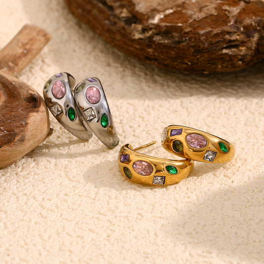 Geometric Moon Stud Earrings in Stainless Steel with 18K Gold Plating and Colorful Cubic Zirconia Inlay