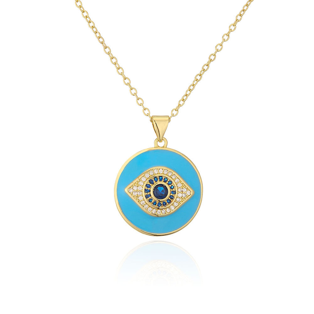 Collana Minimalista Geometrica in Rame Placcato Oro 18K con Ciondolo a Occhio di Allah in Smalto e Intarsio di Zirconi
