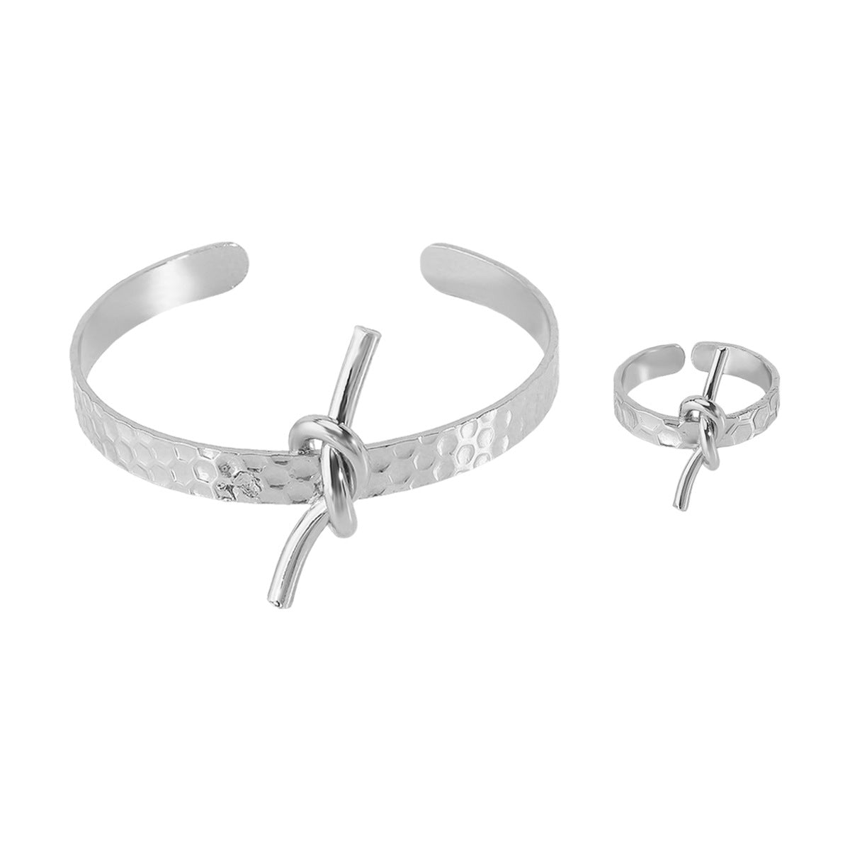 Set de pulsera y anillo de hierro electrochapado con diseño de nudo geométrico minimalista para mujer