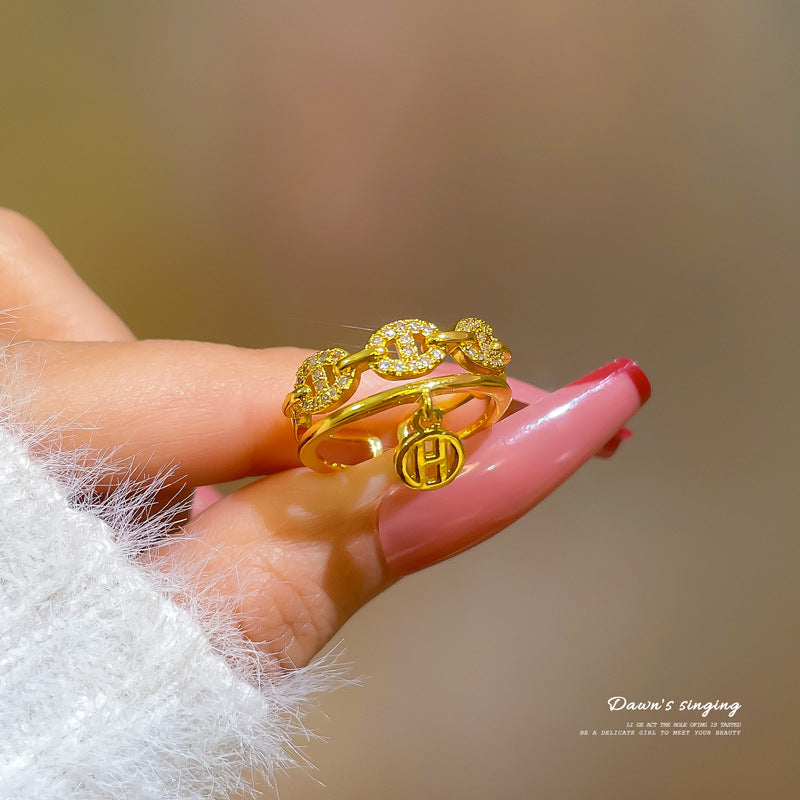 Anello coreano regolabile a fascia aperta con zirconi lucidi a forma di naso di maiale, minimalista, ispirato al design giapponese per donna