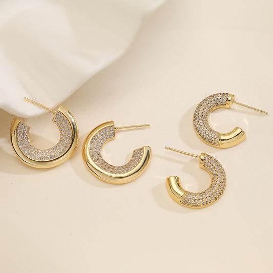 Minimalist Vintage 18K Gold Plated Brass Geometric Cubic Zirconia C-Shape Earrings for Women
