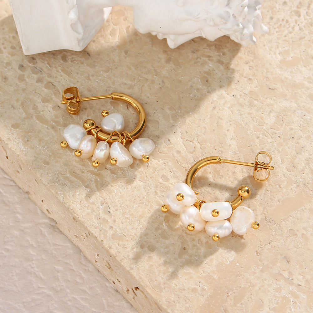 Minimalist Fresh Multi-Layer Pearl Earrings with Geometric Design in Plated Metal for Women