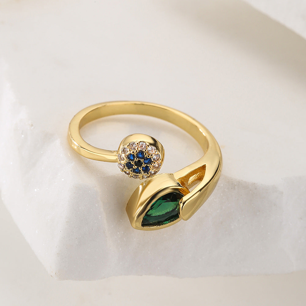 Minimalist Geometric Open Ring for Women in Brass with 18K Gold Plating and Zircon Inlay