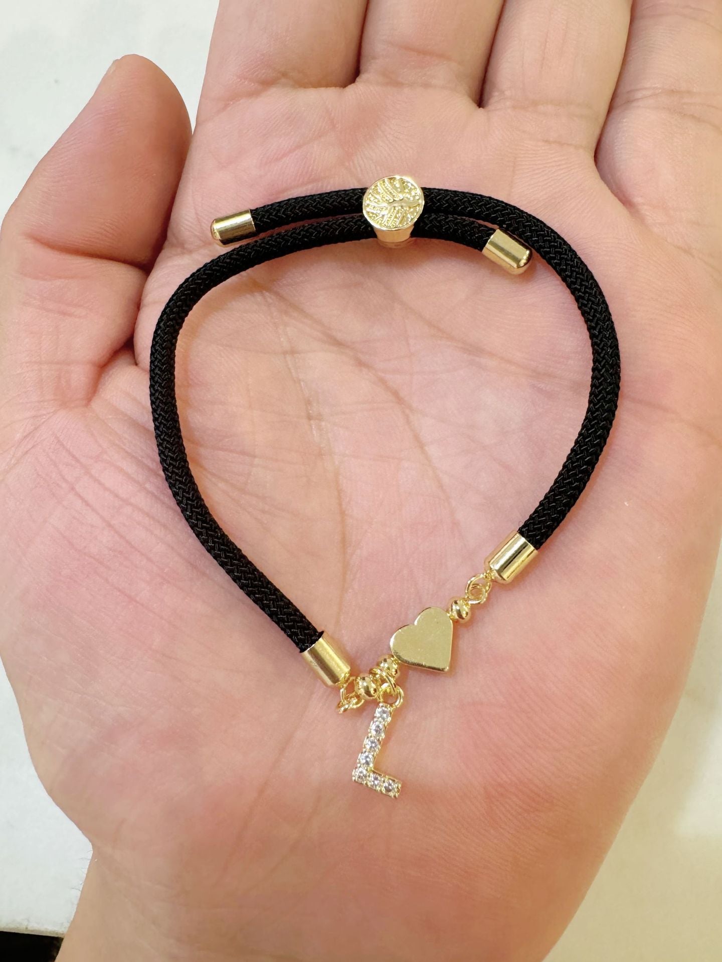 Minimalist Letter Heart Brass Plated Cubic Zirconia Bracelet with Adjustable Black Cord for Women