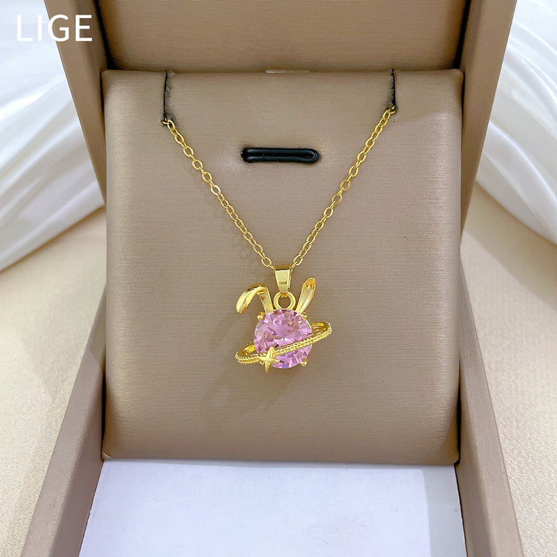 Sweet Minimalist Rabbit Rhinestone Titanium Steel Necklace for Unisex