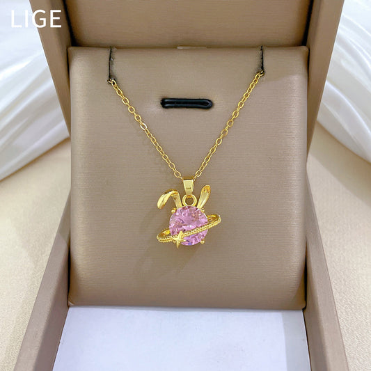Sweet Minimalist Rabbit Rhinestone Titanium Steel Necklace for Unisex