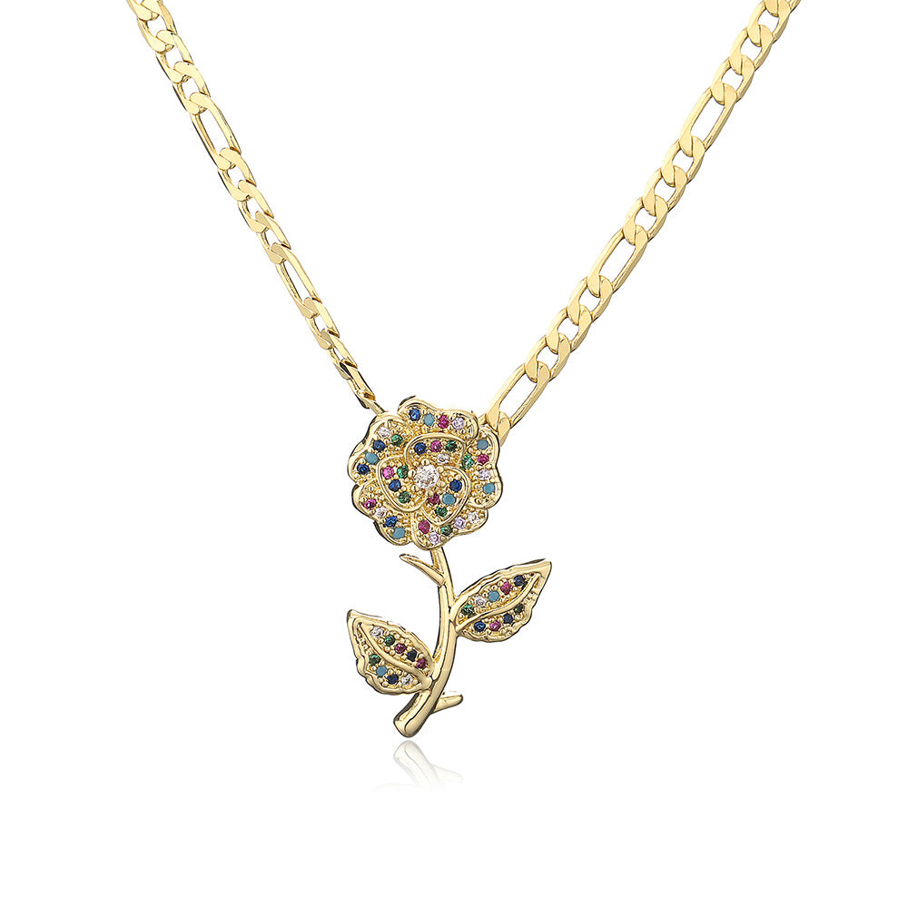 Elegant Rose Flower Pendant Necklace for Women in Copper with 18K Gold Plating and Zircon Inlay, Geometric Design