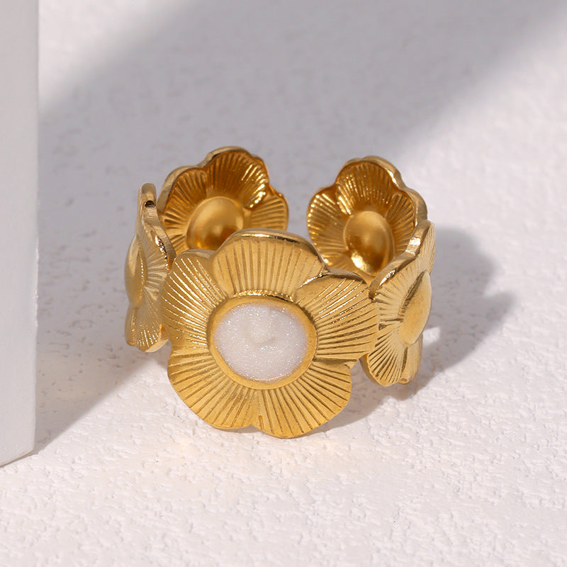 Anello aperto regolabile da donna a forma di fiore di crisantemo, in acciaio inossidabile placcato oro 18 carati, stile minimalista