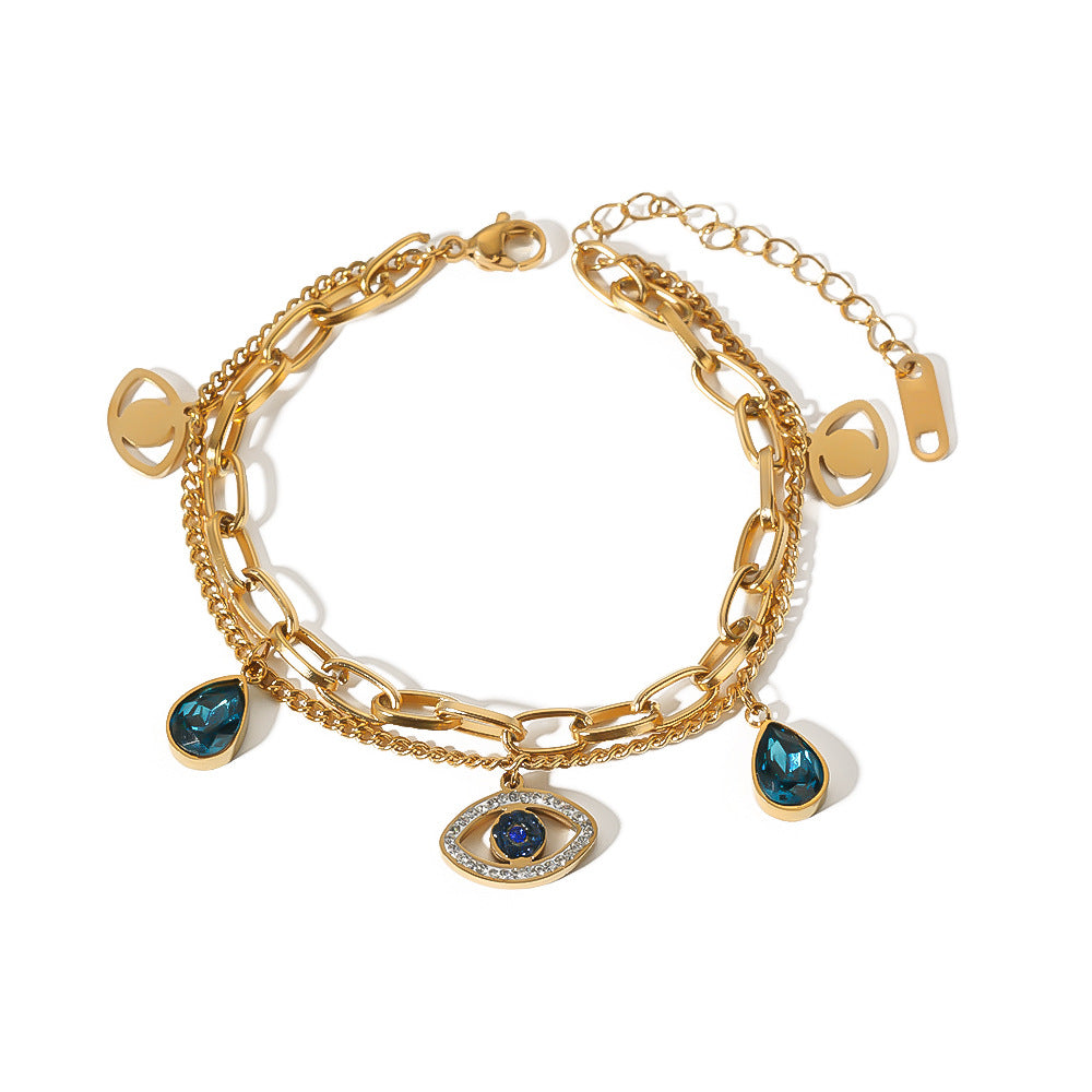 Geometric Evil Eye Double Layer Bracelet for Women and Men in Stainless Steel with 18K Vacuum Plating and Zircon Inlay
