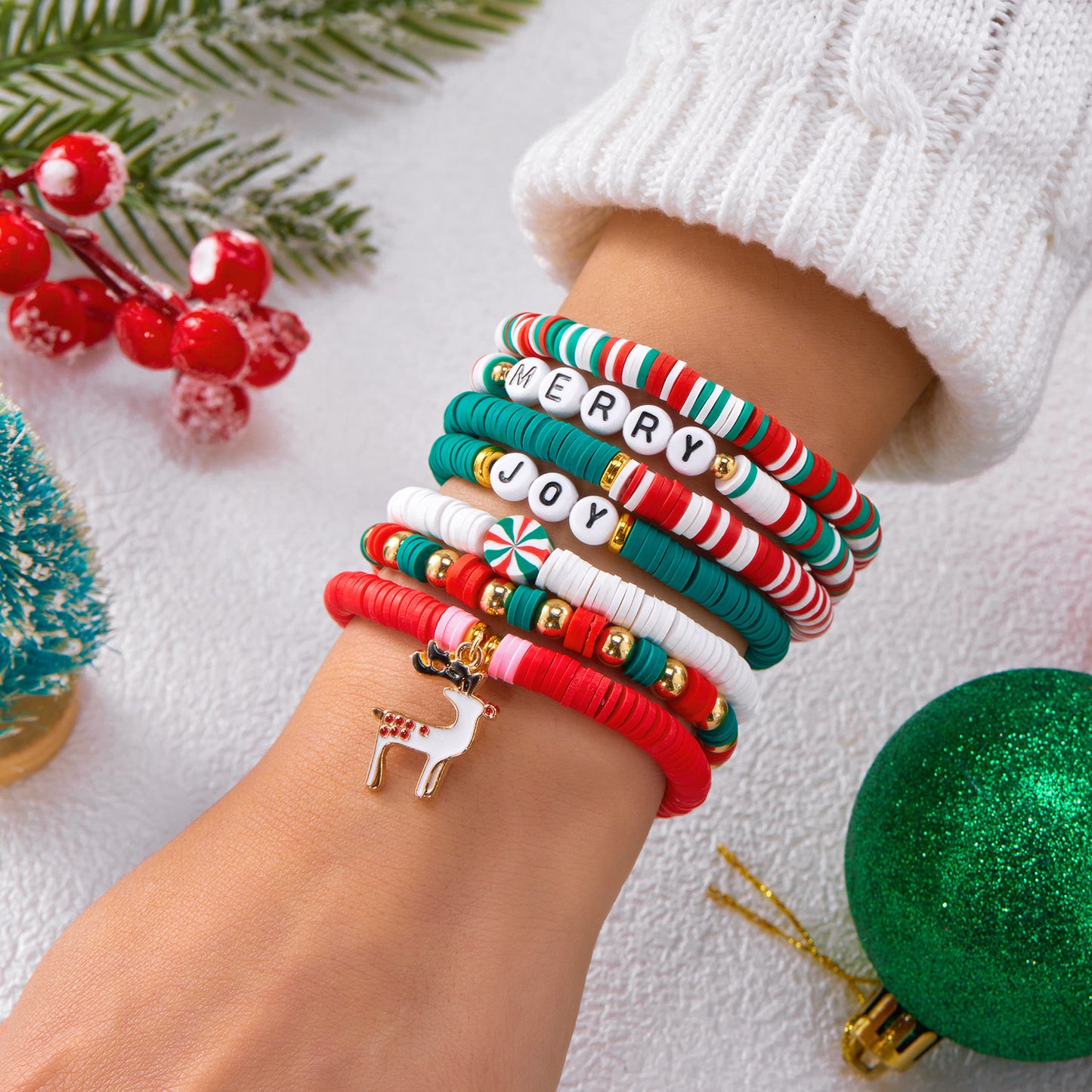 Sweet Christmas-Themed Bracelet Set with Snowman Reindeer Bell and Tree Charms Crystal Handmade Fashion Bracelets for Women