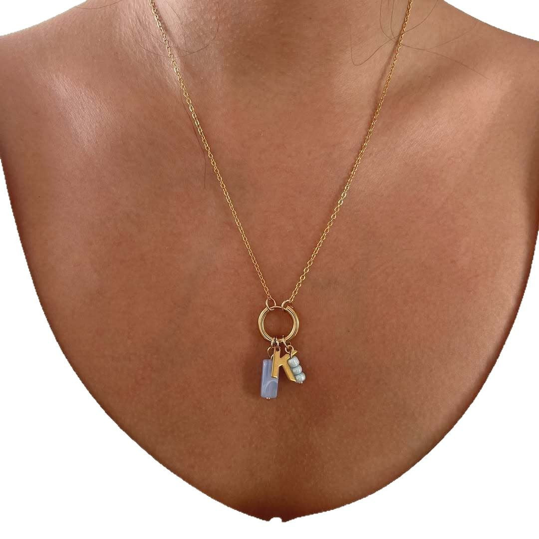 18K Gold Plated Oval Acrylic Pendant Stainless Steel PVD Ball Chain Necklace Charm Bar