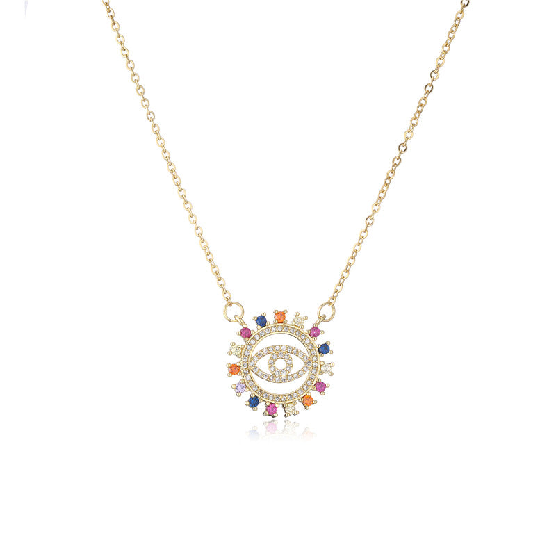 Minimalist Vintage Geometric Brass Micro-Inlaid Cubic Zirconia Evil Eye Pendant Necklace with Cable Chain