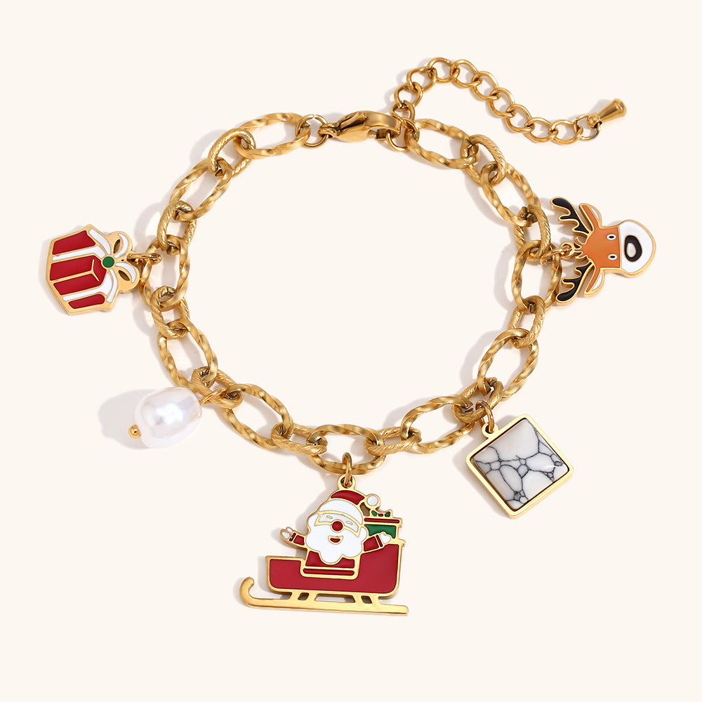 Pulsera de moda con colgante de Papá Noel para mujer, de acero inoxidable con chapado en oro de 18 quilates, diseño de eslabones hecha a mano