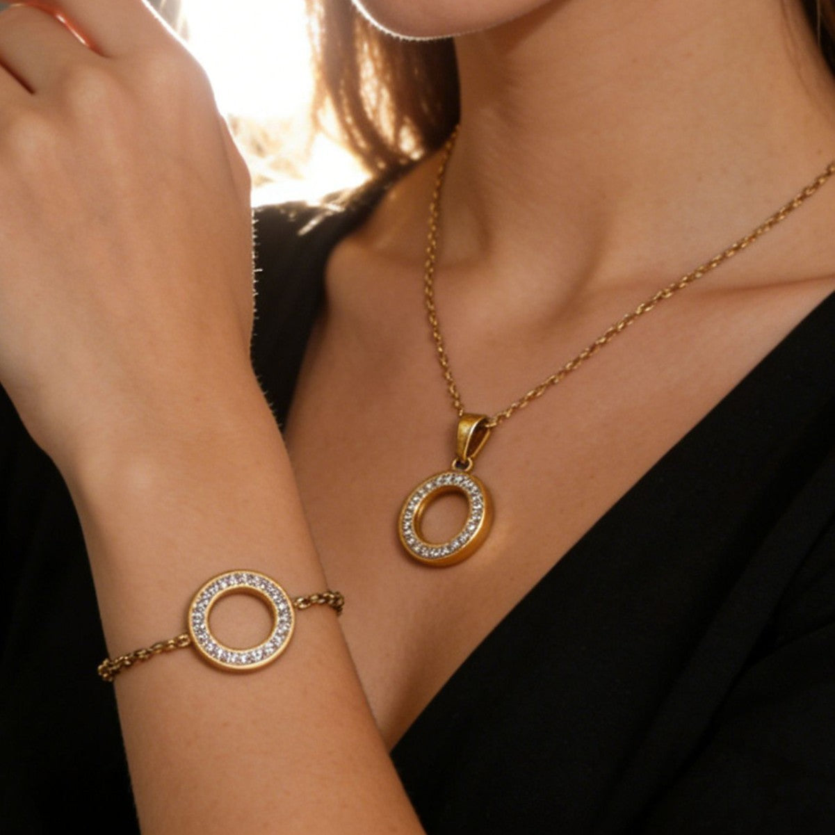 Set di gioielli minimalista geometrico rotondo in acciaio inossidabile placcato con zirconia cubica e catena a cavo per donna
