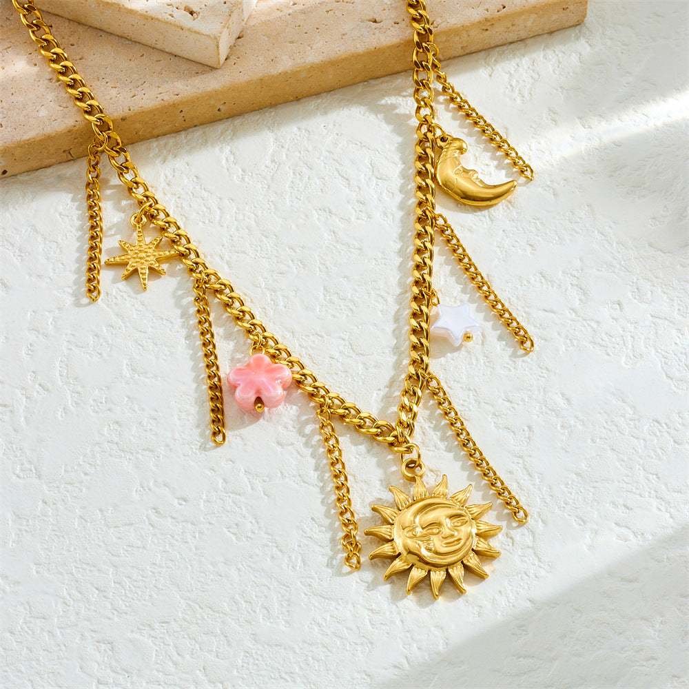 Fashion Gold Plated Stainless Steel Sun Moon Star Tassel Pink Floral Pendant Necklace Serpentine Chain