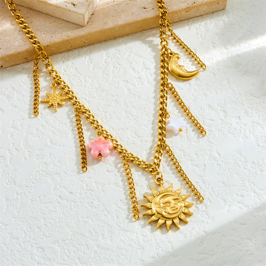 Fashion Gold Plated Stainless Steel Sun Moon Star Tassel Pink Floral Pendant Necklace Serpentine Chain
