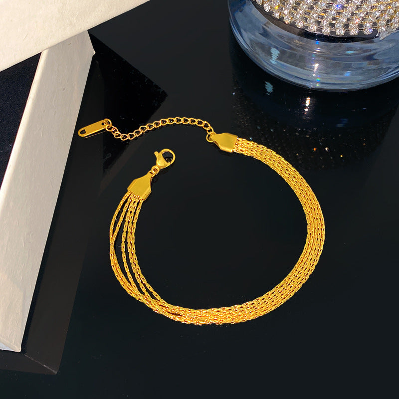 Fashion Streetwear Gold Plated Hammered Round Geometric Stainless Steel Multi-Layer Cable Chain Bracelet with Smile Element for Unisex