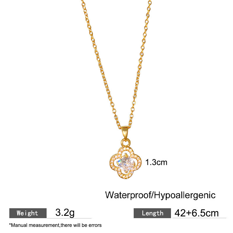 Sweet Minimalist Hollow Four-Leaf Clover Cubic Zirconia Plated Titanium Steel Necklace for Women