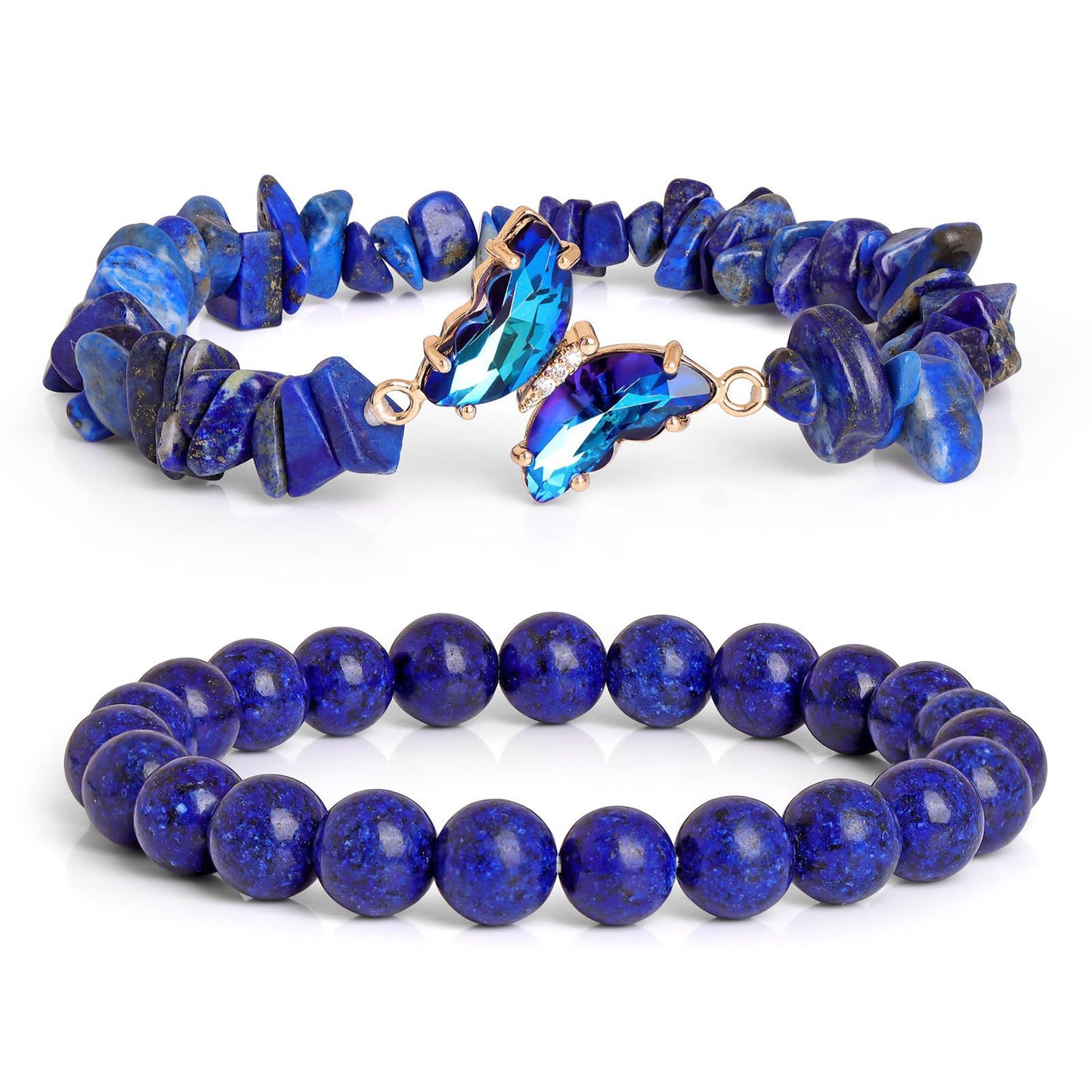 Minimalist Natural Amethyst and White Cat's Eye Crystal Chip Beaded Bracelet with Butterfly Charm for Women