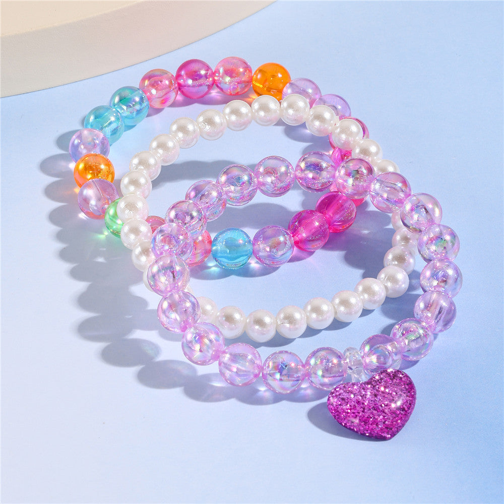 Juego de pulseras de resina con cuentas en forma de corazón estilo caricatura con dijes de cola de sirena y conchas marinas para niños