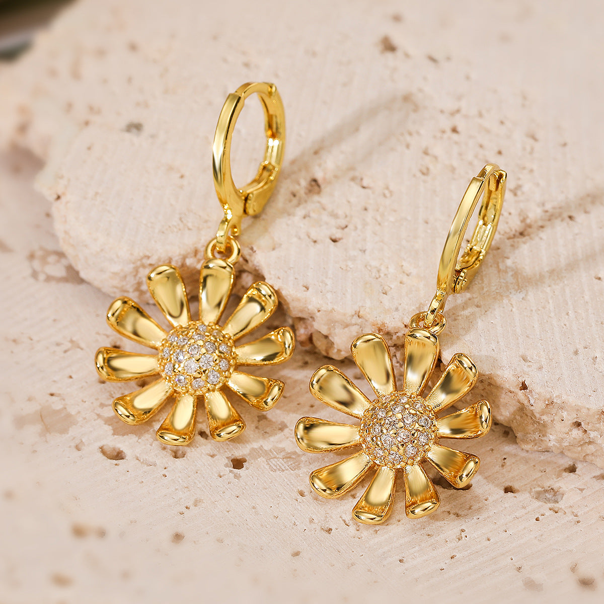 Minimalist 18K Gold Plated Brass Sunflower Pendant Necklace and Earring Set with Cubic Zirconia Micro-inlay on Ball Chain for Women