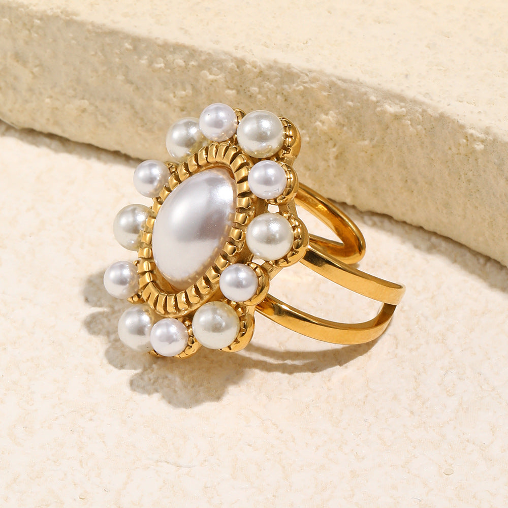 Anillo Abierto Minimalista de Lujo en Acero Inoxidable con Baño de Oro de 18K con Forma de Oliva y Diseño Lineal para Mujer