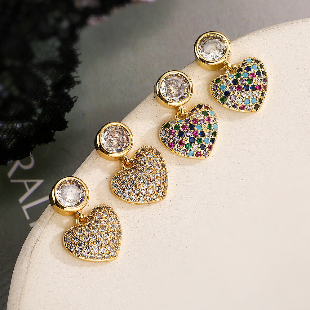 Minimalist Heart-Shaped Copper Earrings with 18K Gold Plating and Zircon Accents for Women