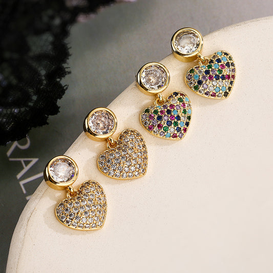 Aretes minimalistas de cobre con forma de corazón, chapados en oro de 18 quilates y con detalles de circonita para mujer