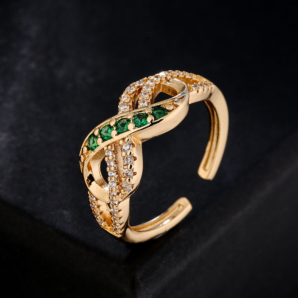 Anello aperto geometrico minimalista da donna in ottone placcato oro 18 carati con intarsio di zirconi