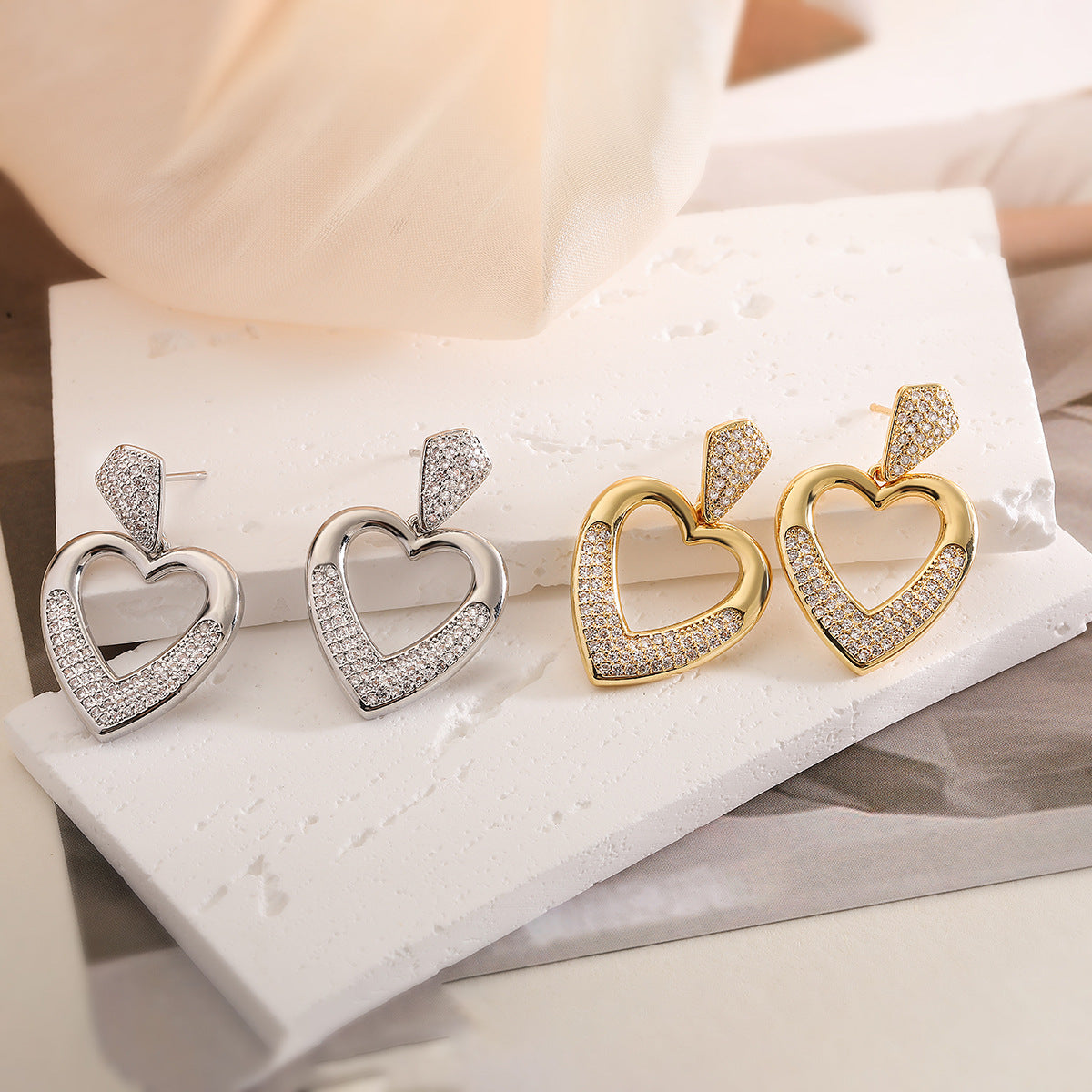 Minimalist Heart-Shaped Copper Earrings with Real Gold Plating and Zircon Inlay, Hollow Design for Women