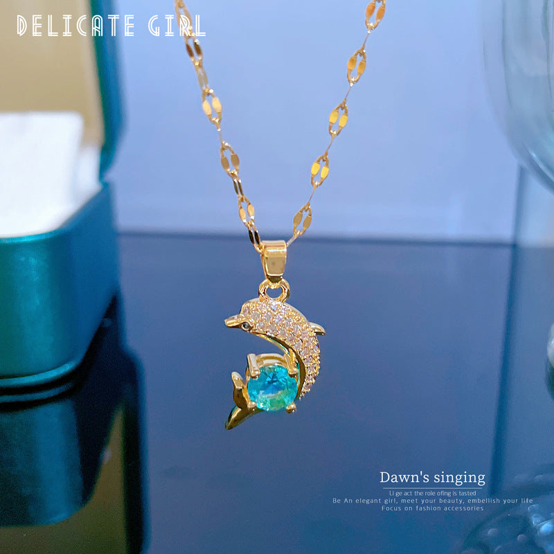 Vintage Minimalist Dolphin Pendant Necklace in Titanium Steel with Rhinestone Accents for Women